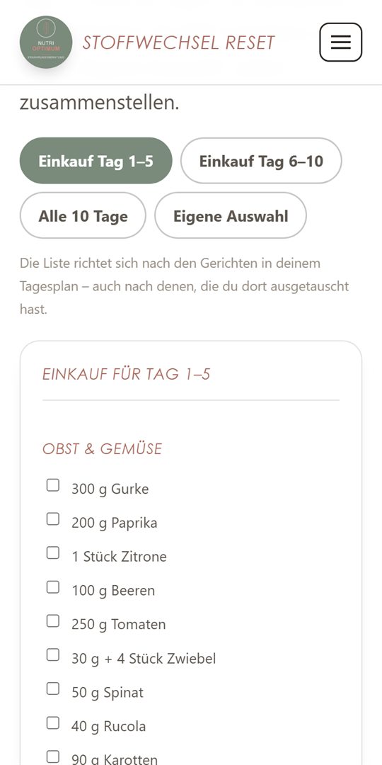 Einkaufsliste im Programm f&uuml;r Tag 1 bis 5