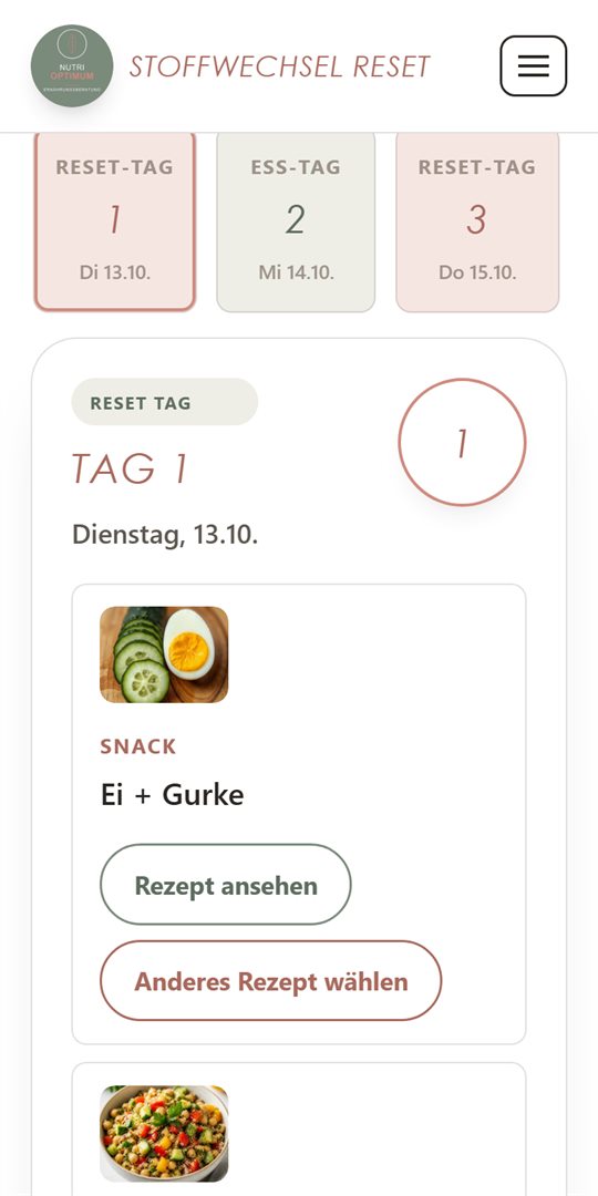 Tagesplan im Programm: Tag 1 mit Datum, Snack Ei + Gurke und Quinoa-Salat
