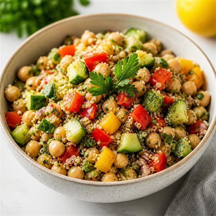 Quinoa-Salat mit Kichererbsen, Gurke und Paprika