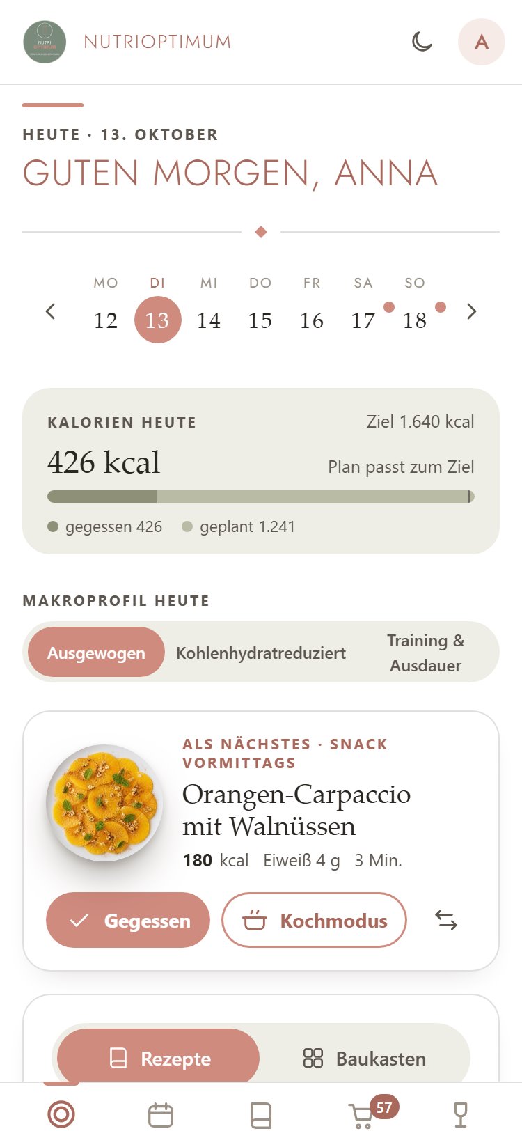 Die Ansicht Heute im Mahlzeitenplaner: Kalorienbalken, Makroprofil und das nächste Gericht